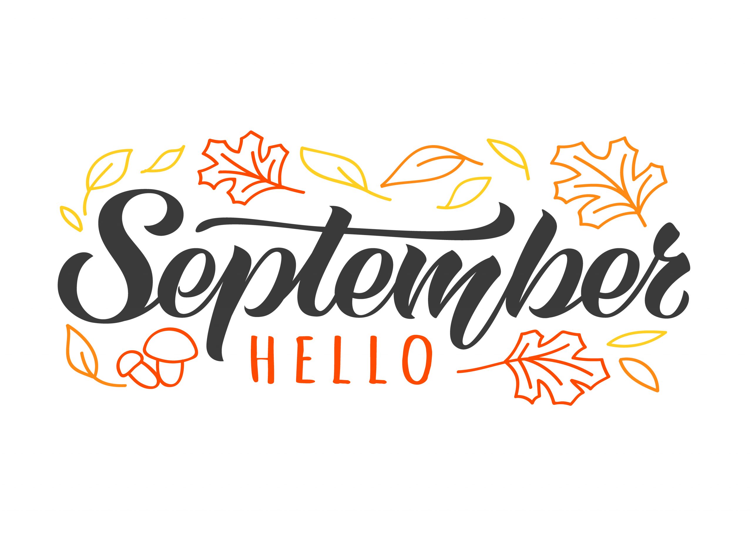 Hello September hand drawn lettering card with doodle leaves and